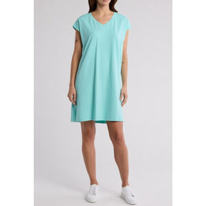 Eileen Fisher Organic Cotton Boxy VNeck TShirt Dress Beach Sea Green XL Blue NEW